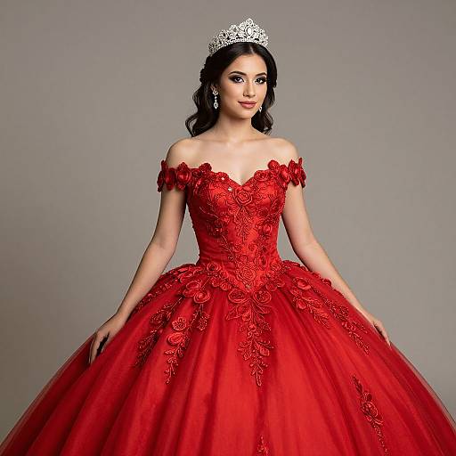 Elegant Woman in Red Embroidered Ball Gown with Tiara
