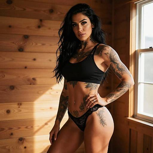 Tattooed Woman in Black Sportswear Posing Indoors with Natural Light