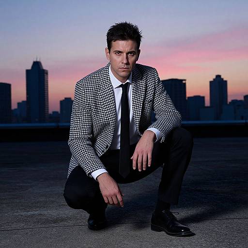 Stylish Man in Checkered Blazer Posing in Urban Sunset