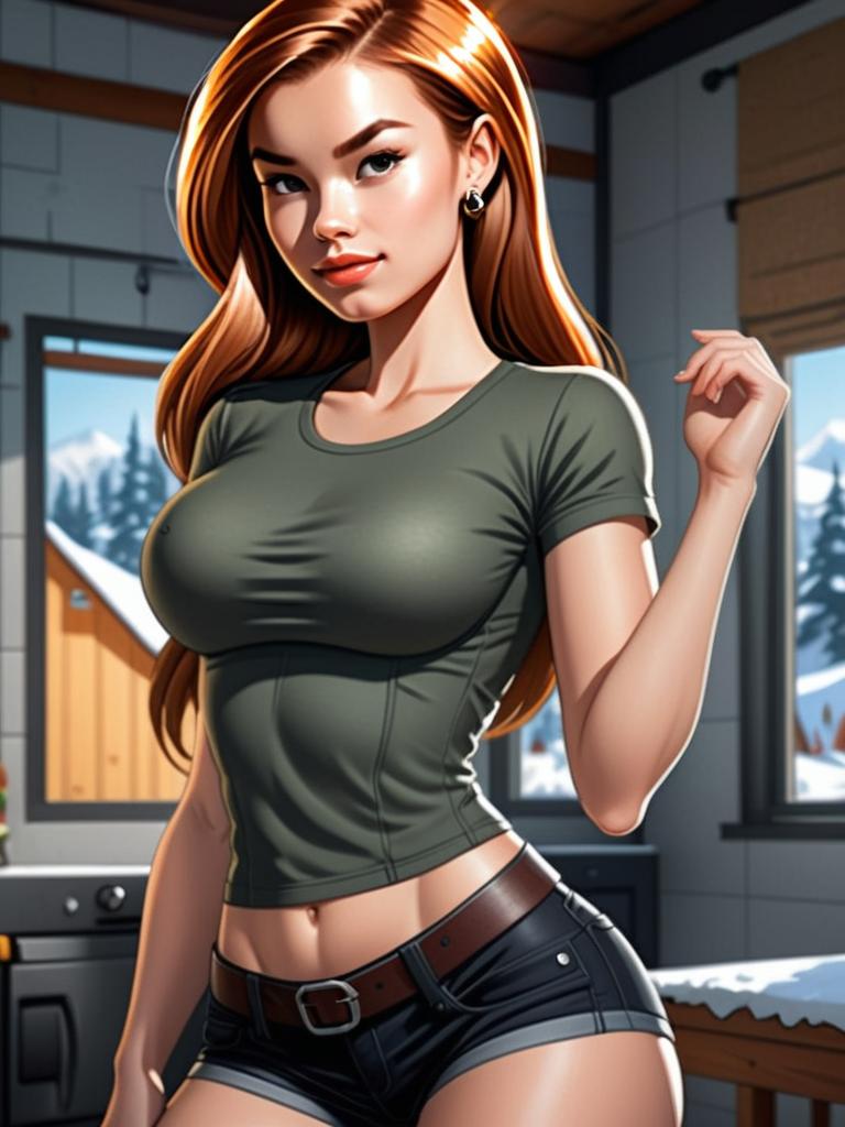 Digital Illustration of Confident Woman in Modern Kitchen with Snowy Mountain View