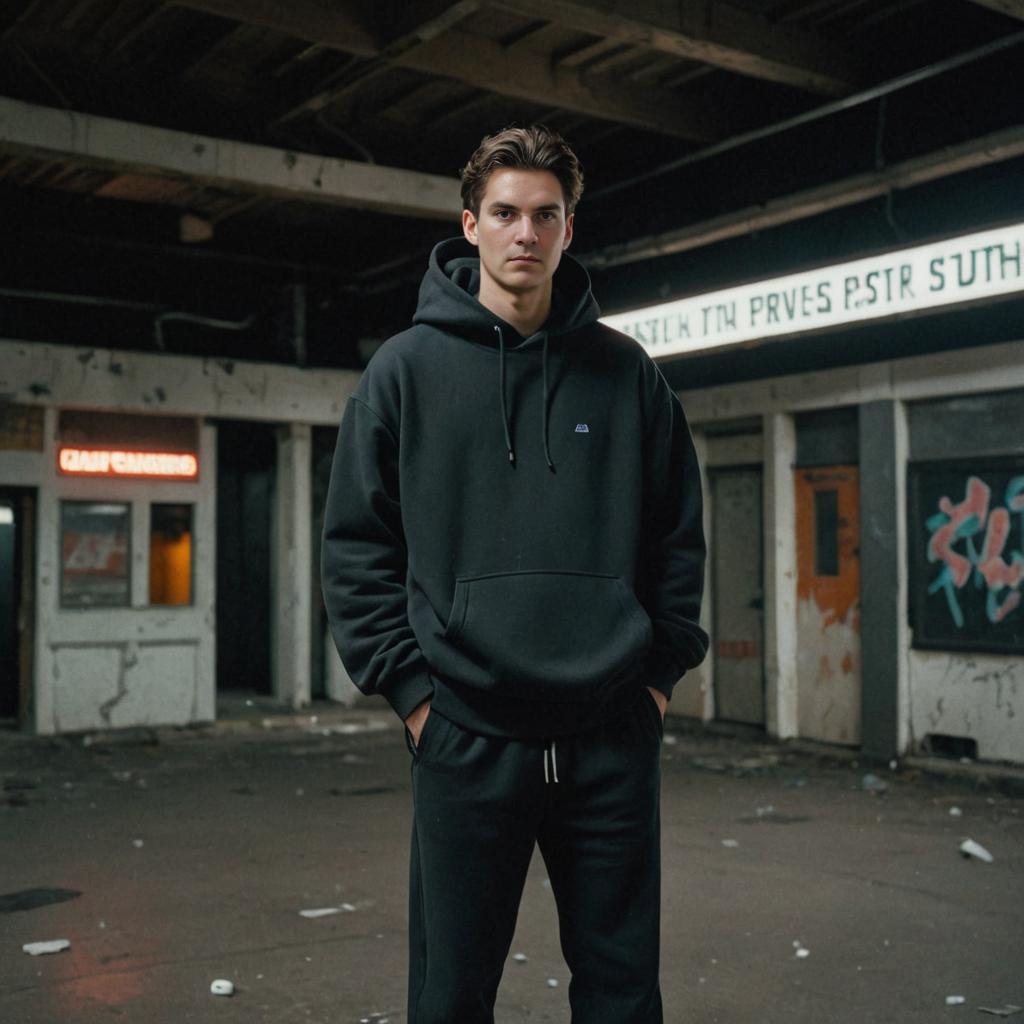 Man in Black Hoodie in Gritty Urban Setting