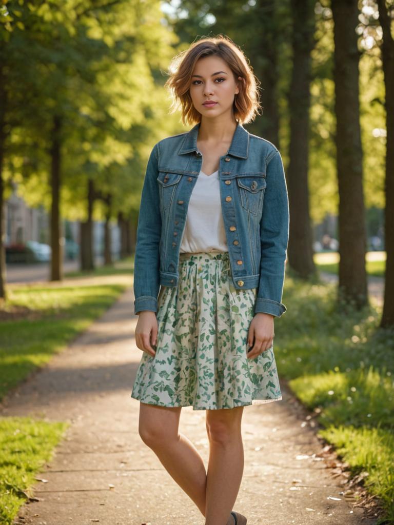 Woman with Butterfly Haircut in Denim Jacket on Sunlit Path