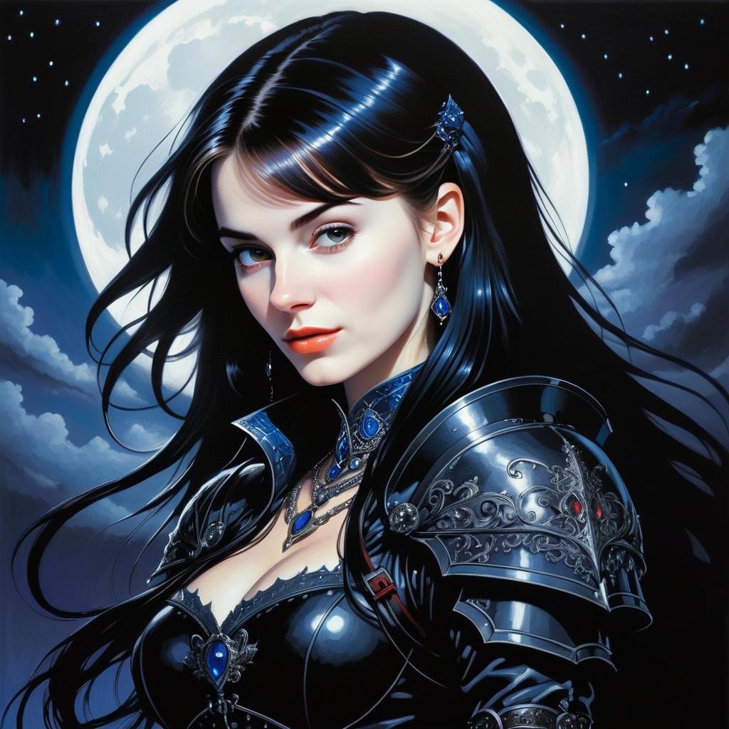 Woman in Dark Armor with Blue Gemstones Under Full Moon Woman in Dark Armor with Blue Gemstones Under Full Moon