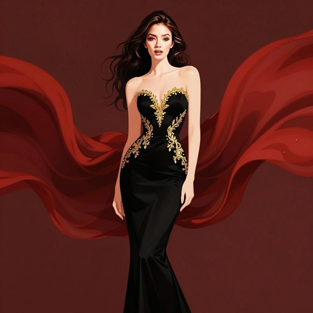 Elegant Woman in Black and Gold Evening Gown Digital Illustration