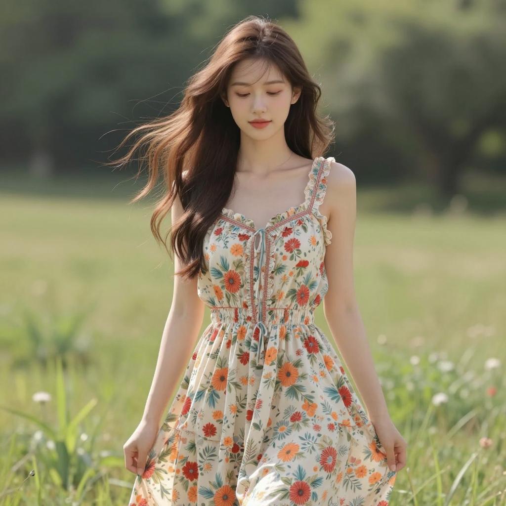 Young Woman in Floral Dress in Sunlit Meadow