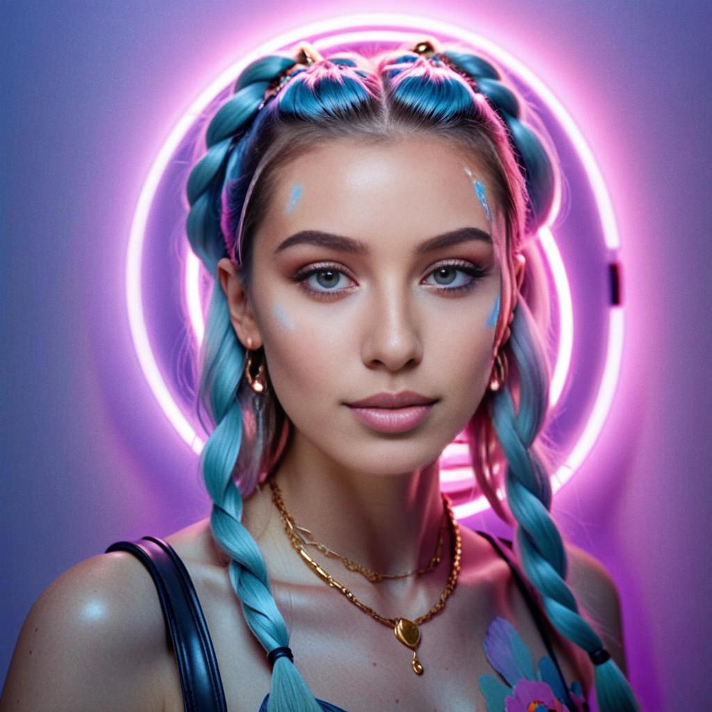 Young Woman with Blue Braided Hair in Neon Background