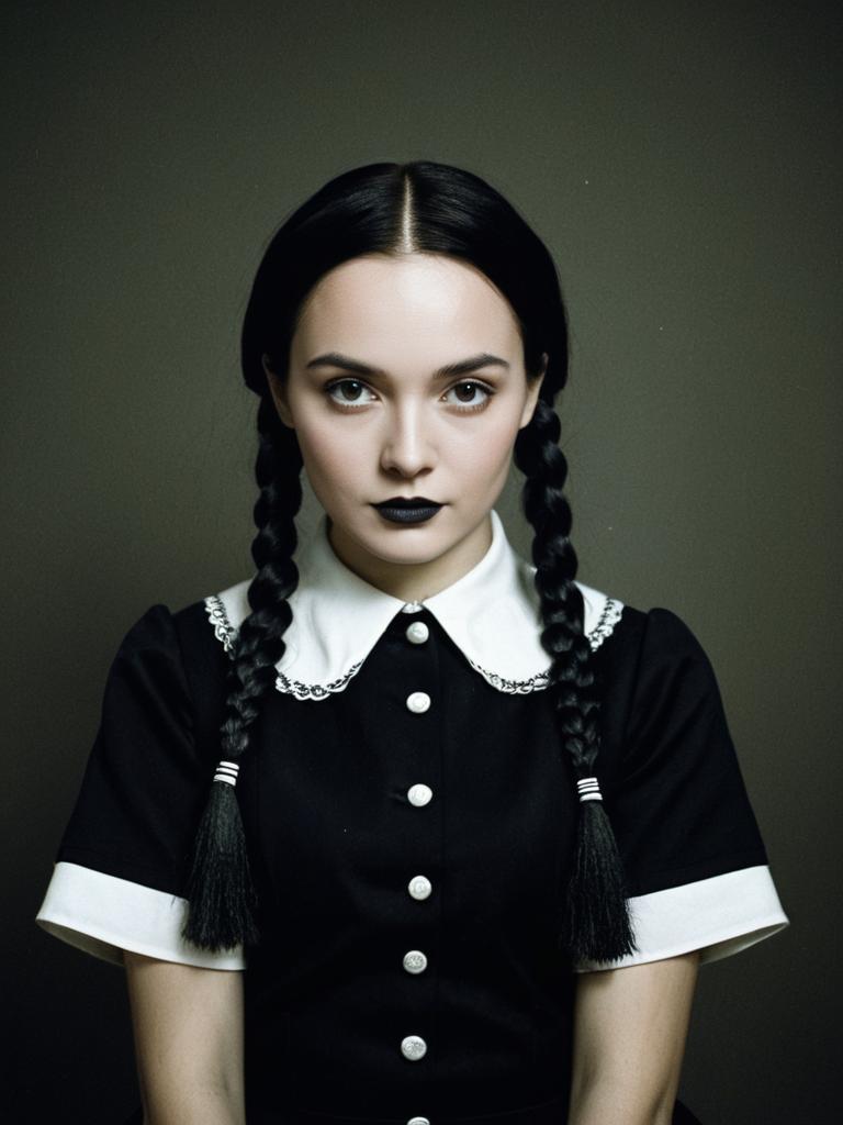 Woman in Wednesday Addams Costume Editorial Cosplay Photo