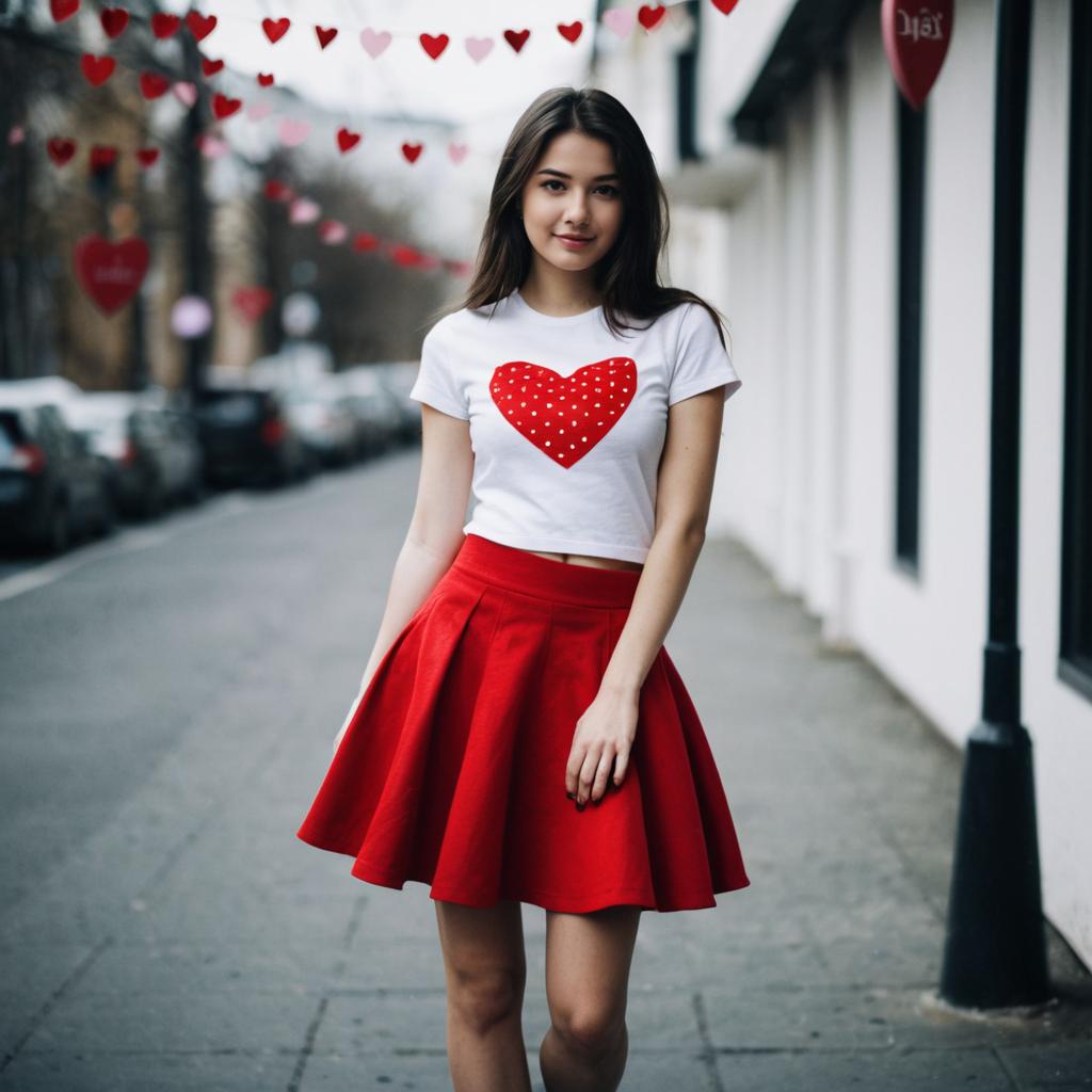 Young Woman in Red Heart Crop Top and Skirt on City Street with Valentine Decorations