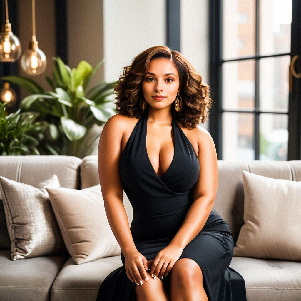 Confident Woman in Black Dress on Beige Sofa Confident Woman in Black Dress on Beige Sofa