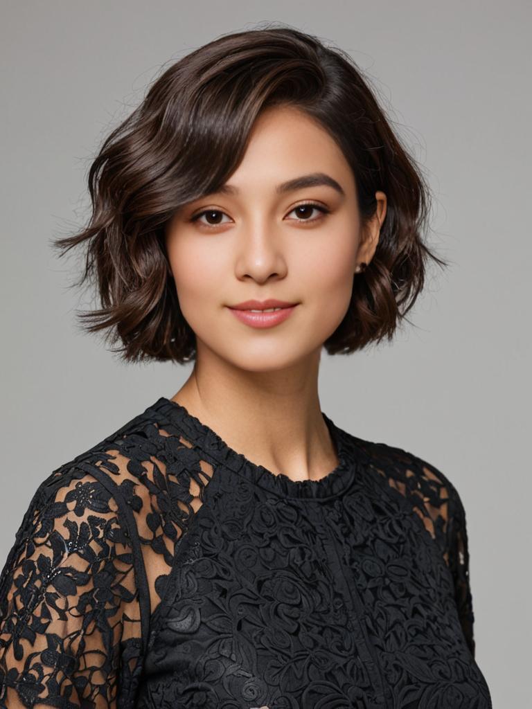 Fashionable Woman with Elegant Wavy Bob and Black Lace Top