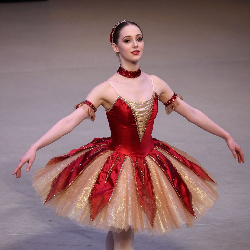 Graceful Ballerina in Red and Gold Classical Tutu on Stage
