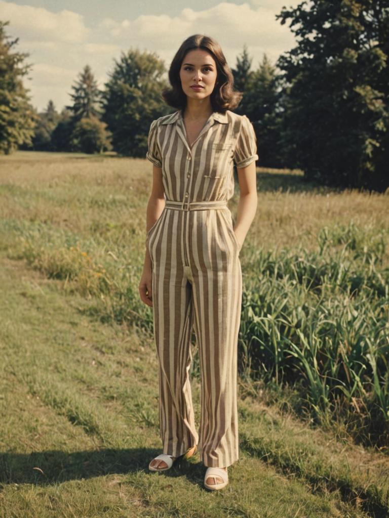 Woman in Vintage Striped Jumpsuit in Natural Scenery