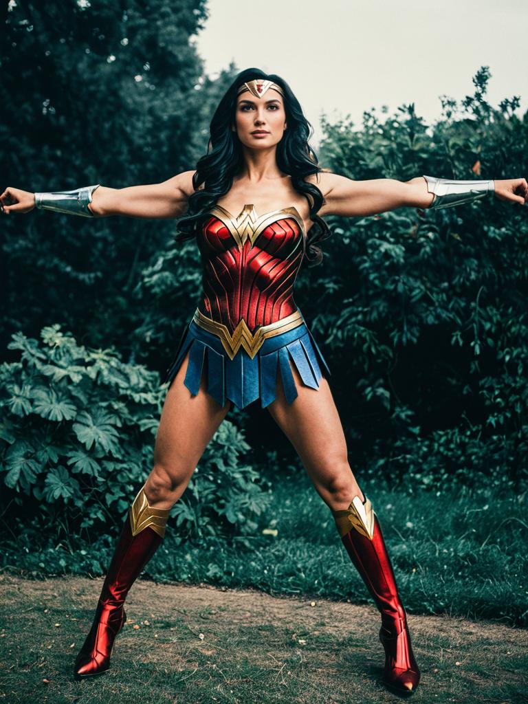 Woman in Wonder Woman Costume Full Body Outdoor Cosplay Photo