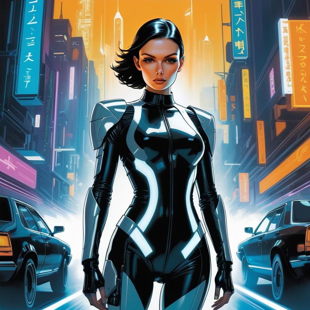 Strong Woman in Futuristic Bodysuit in Neon City