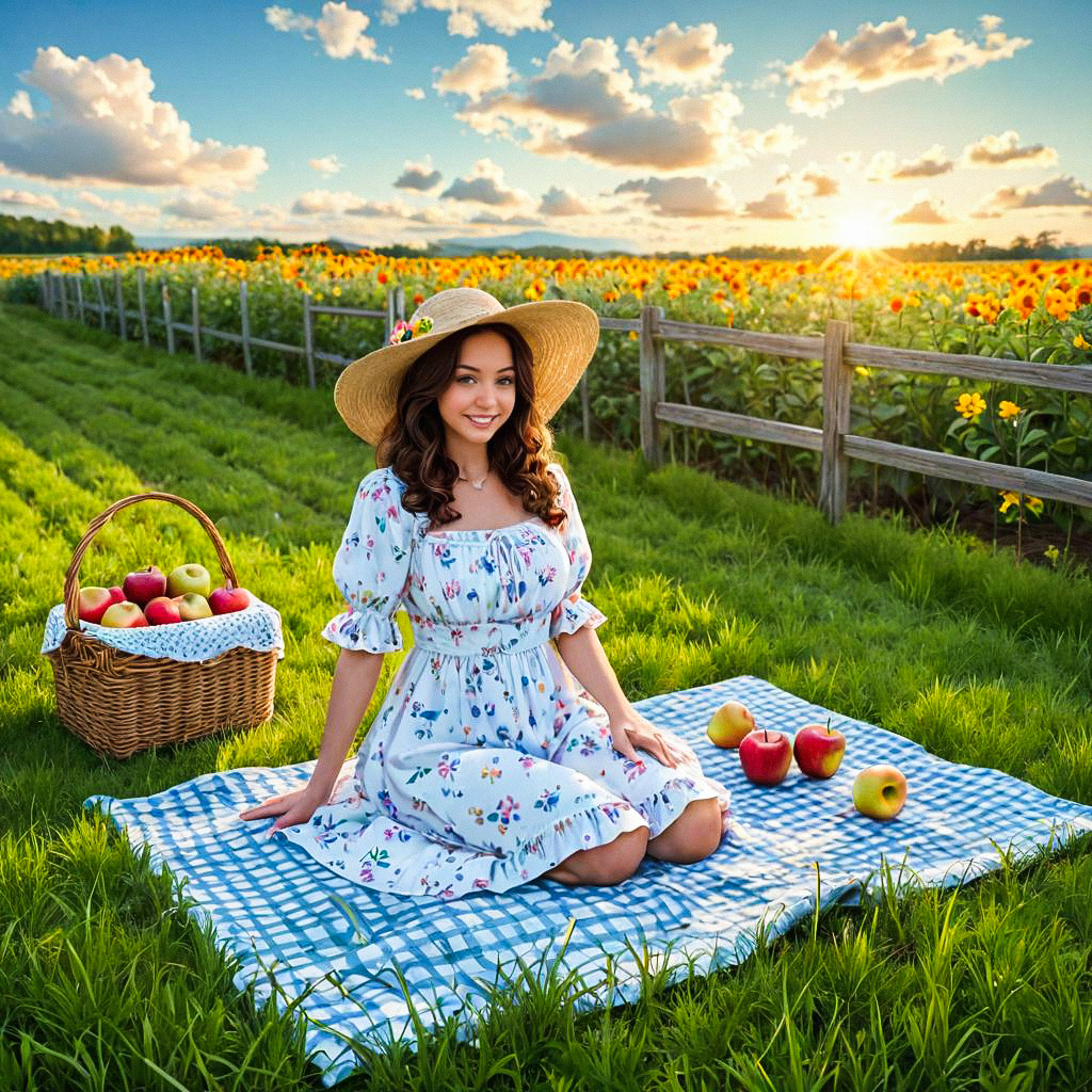 Woman in Floral Dress on Picnic Blanket in Sunflower Field Woman in Floral Dress on Picnic Blanket in Sunflower Field