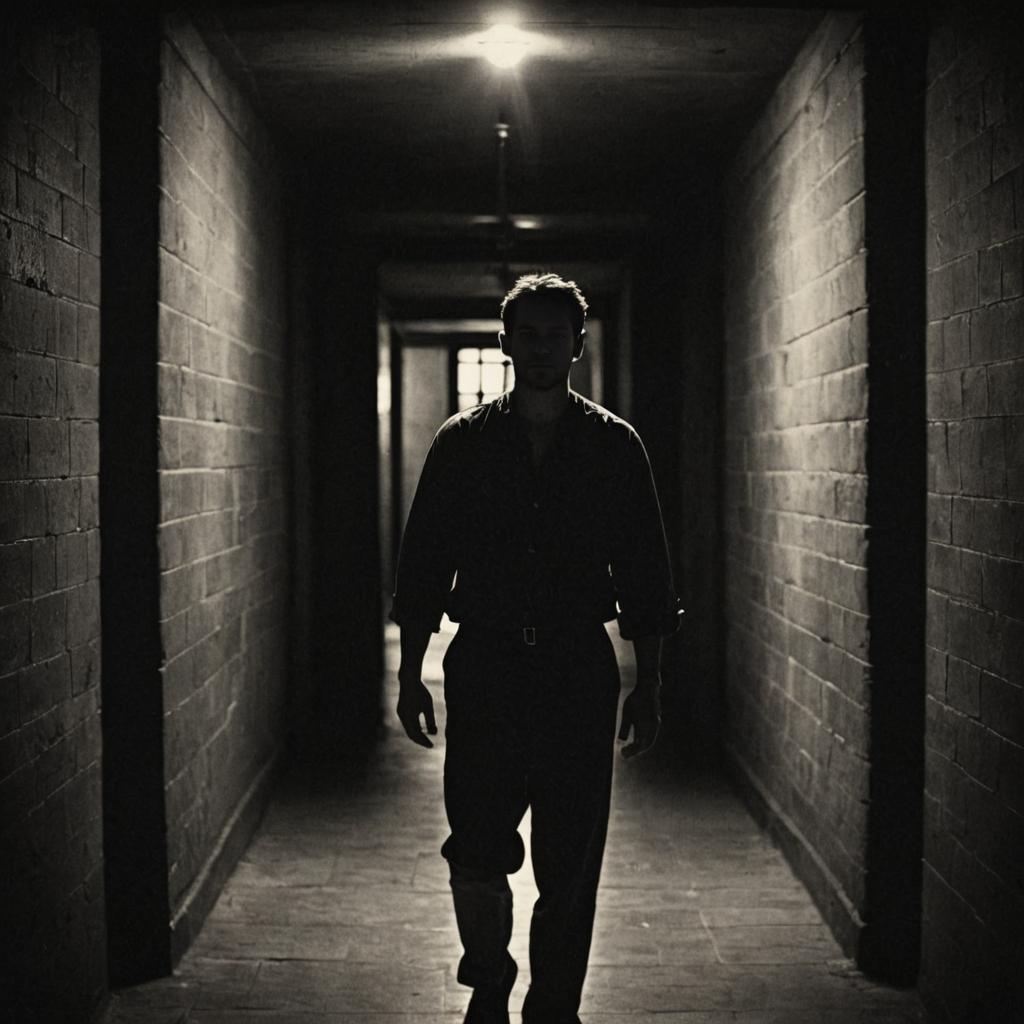 Solitary Man in Dimly Lit Jail Hallway