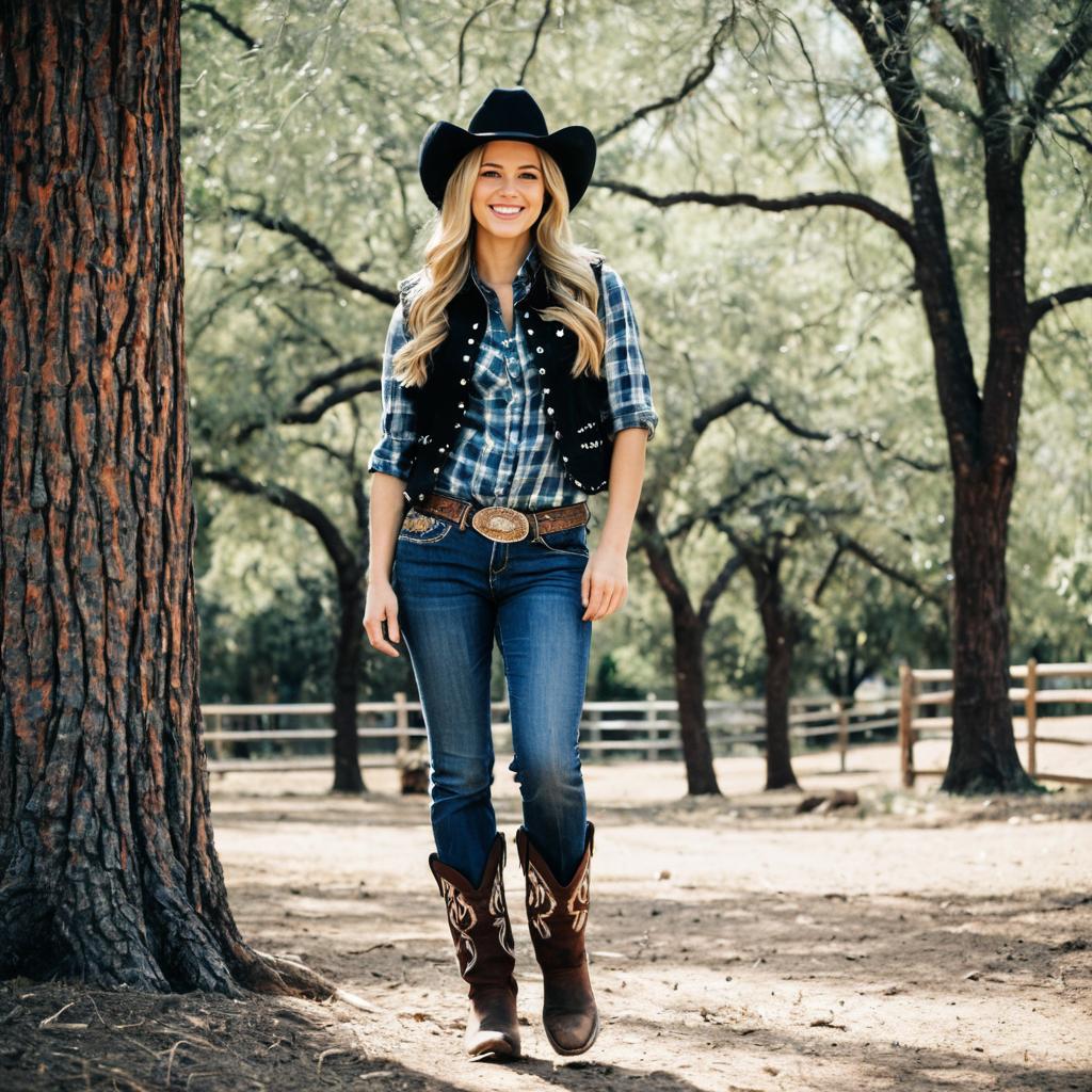 Woman in Cowboy Outfit Walking Outdoors in Rustic Western Setting Woman in Cowboy Outfit Walking Outdoors in Rustic Western Setting