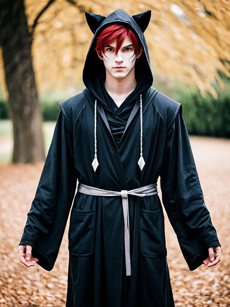 Young Man in Black Cat-Eared Hoodie with Red Hair in Autumn Park