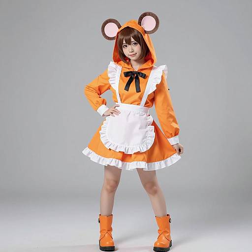 Woman in Orange Animal-Inspired Cosplay Maid Outfit with Ears and Boots