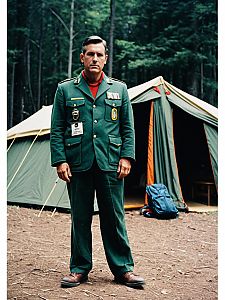 Man in Counselor Camp Poster Costume Standing Outdoors with Tent