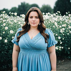 Confident Plus-Size Woman in Blue Dress Among White Flowers