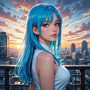Young Woman with Blue Hair on Urban Balcony at Sunset