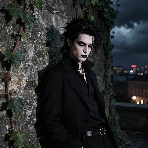 Gothic Young Man with Red Eyes in Nighttime Urban Setting