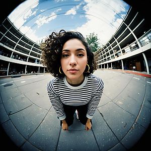 Woman Facing Fisheye Lens on Urban Street with Curved Architecture