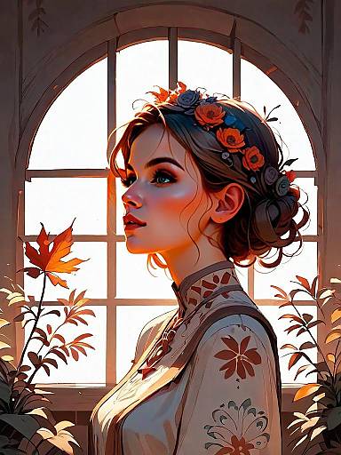 Portrait of Woman with Floral Crown in Warm Autumn Digital Artwork