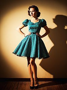 Retro 1950s Woman in Polka Dot Party Dress Full Body Vintage Fashion Photo
