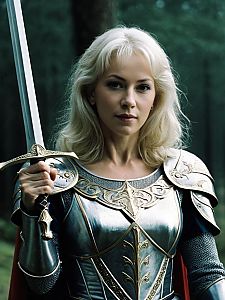 Woman in Excalibur-Inspired Medieval Armor Holding Sword