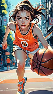Energetic Young Woman Dribbling Basketball in Urban Scene
