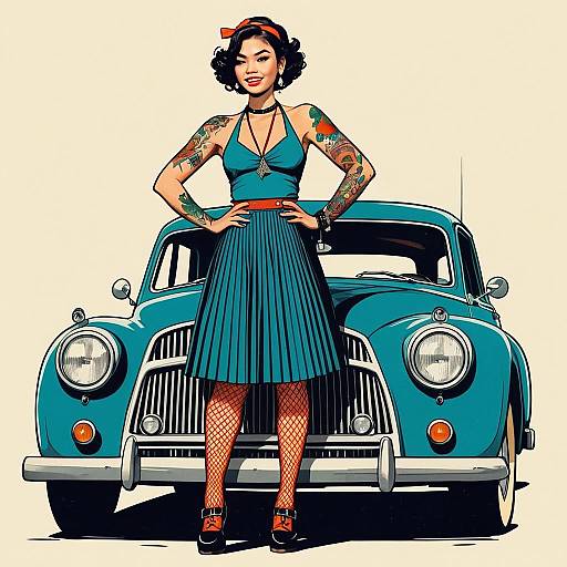 Vintage Style Woman with Tattoos Posing by Classic Blue Car