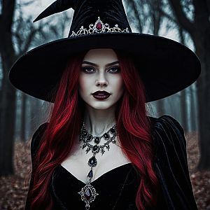 Striking Woman in Black Velvet Dress with Red Hair in Misty Forest
