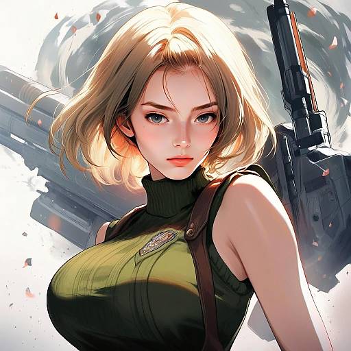 Anime Style Blonde Woman in Tactical Outfit with Weapon Background