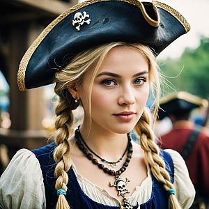Pirate Woman in Tricorn Hat with Skull Emblem