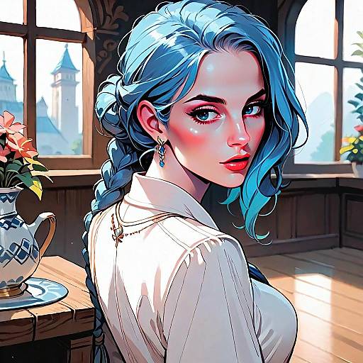 Digital Illustration of Woman with Blue Hair in a Castle Room