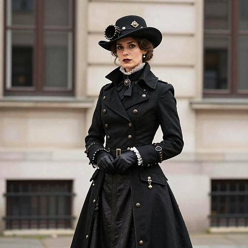 Victorian Steampunk Woman in Black Coat and Hat Costume