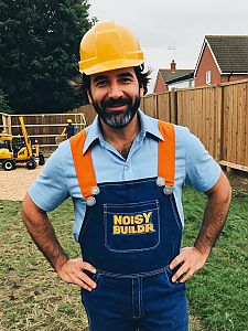 Man in Bob Builder Costume with Yellow Hard Hat and Blue Overalls