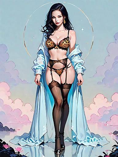 Confident Woman in Leopard Lingerie and Blue Robe - Anime Style Full Body Illustration