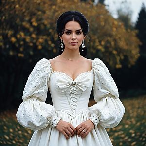 Woman in Vintage White Gown Outdoors