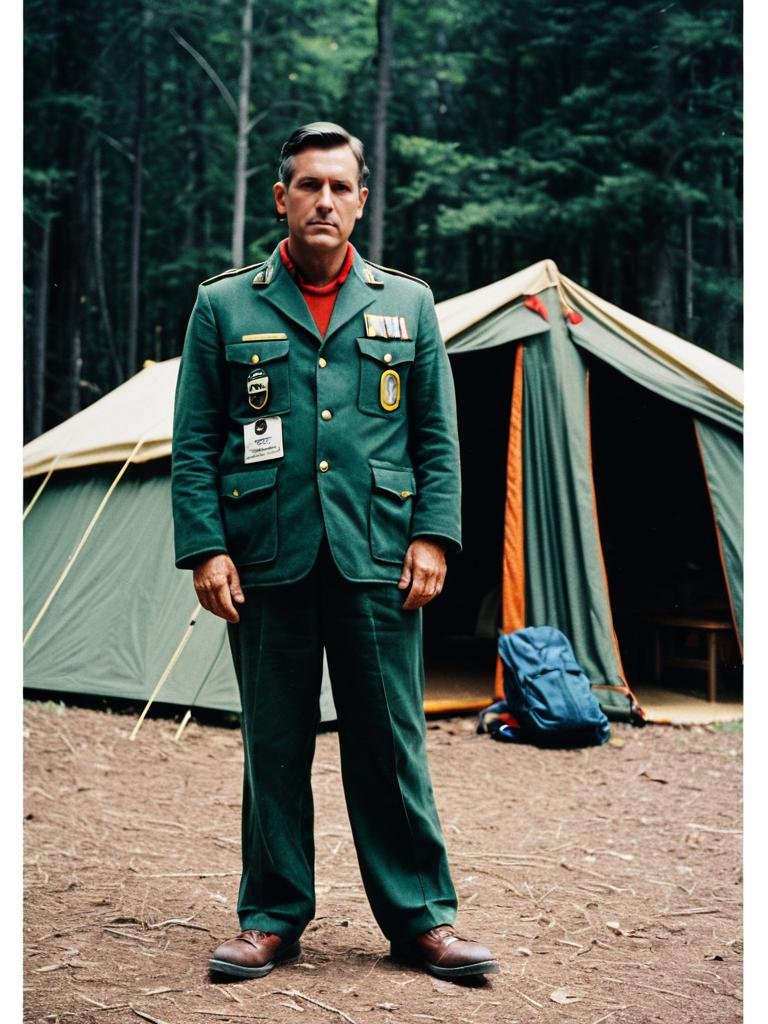 Man in Counselor Camp Poster Costume Standing Outdoors with Tent Man in Counselor Camp Poster Costume Standing Outdoors with Tent
