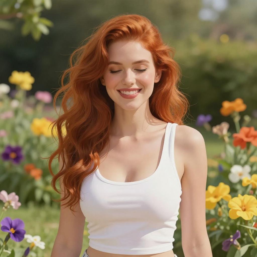 Joyful Red-Haired Woman Smiling Outdoors Among Colorful Flowers