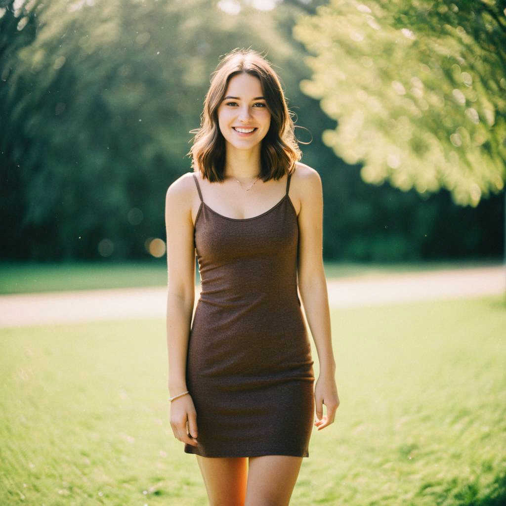 Smiling Woman in Brown Dress Outdoors Smiling Woman in Brown Dress Outdoors