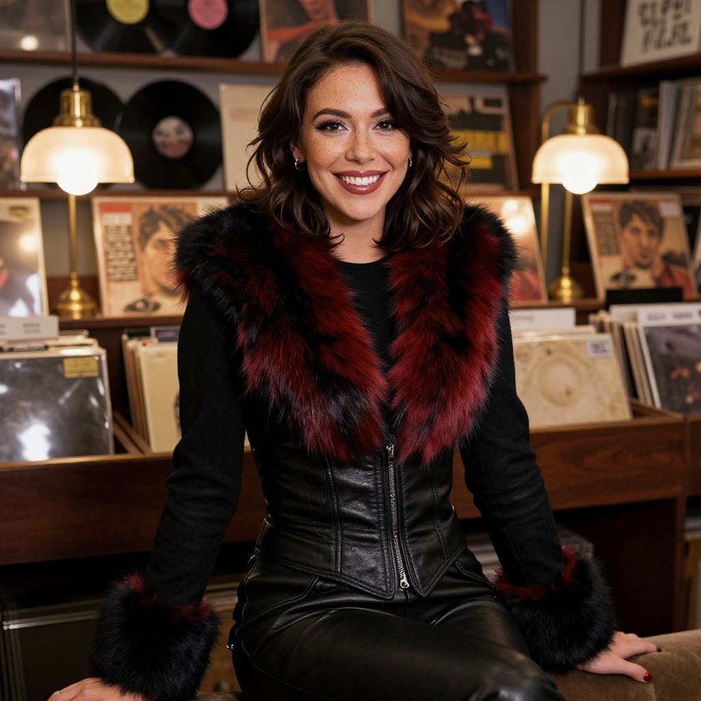 Stylish Woman in Leather Jacket with Fur Trim in Vintage Record Store