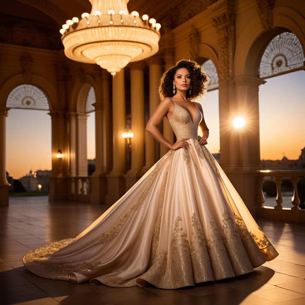 Elegant Woman in Golden Gown at Sunset