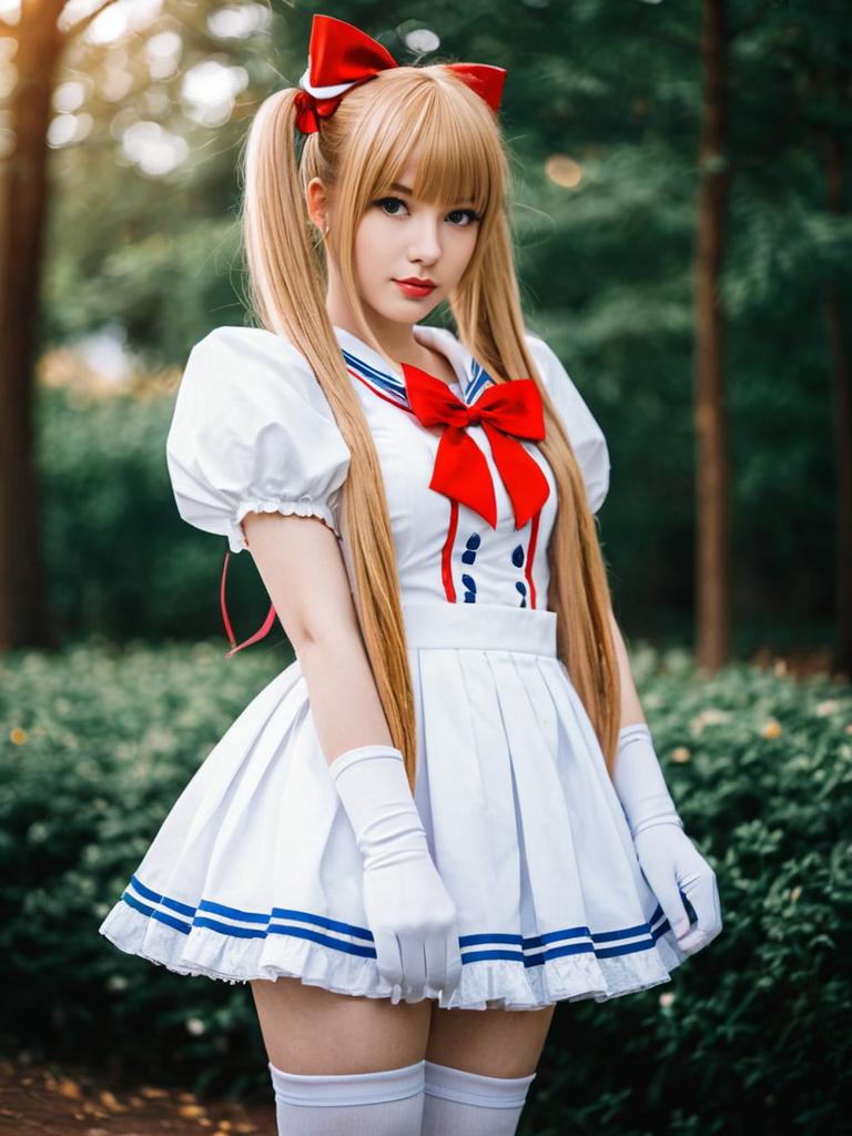 Aisaki Emiru Cosplay in White Sailor Dress with Red Bows