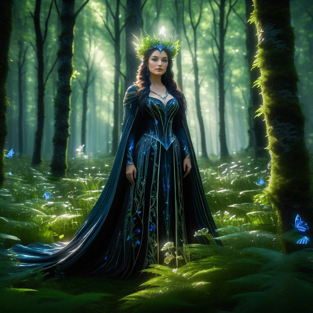 Enchanting Woman in Ethereal Gown in Mystical Forest