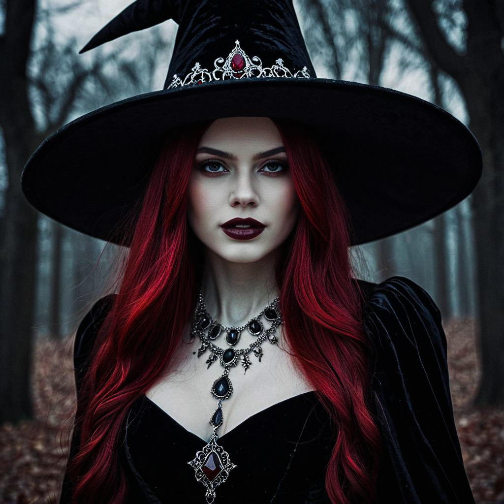 Striking Woman in Black Velvet Dress with Red Hair in Misty Forest Striking Woman in Black Velvet Dress with Red Hair in Misty Forest