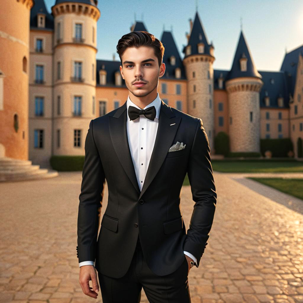 Dapper Young Man in Tuxedo at Castle